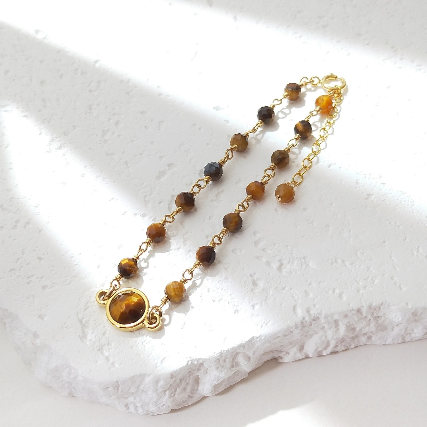 Lii Ji Tiger's Eye 4mm Natural Stone American 14K Gold Filled Bracelet 17+3cm Handmade Knitting Fashion Jewelry