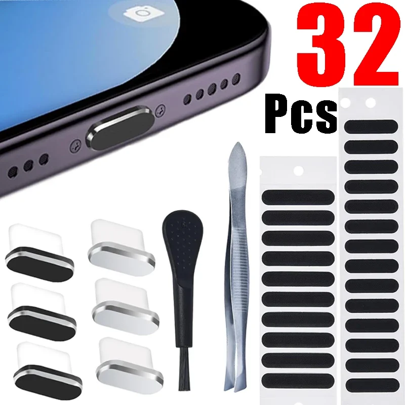 32Pcs Phone Charging Port Cleaning Set Net Sticker Anti-Dust Protection Cover Protector Cap Type-C Dust Plug Cleaner Kit Brush