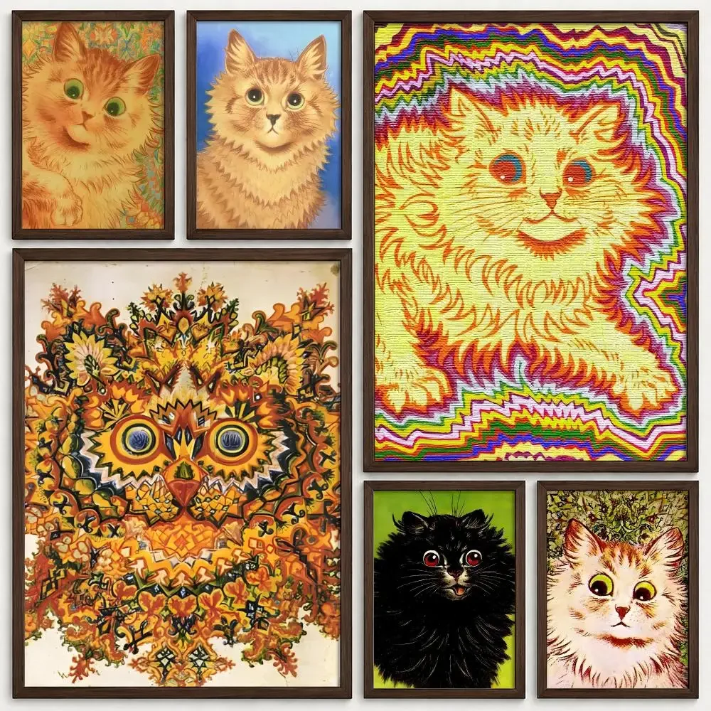 Art Louis Wain Ginger Kaleidoscope Cat Poster Self‑Adhesive Waterproof Coffee House Bar Wall Art Sticker Room Home Decor