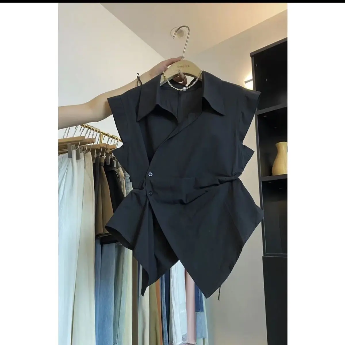 

Korean Sle Slim Fit Collar Side Button Waist Cinching Svel Women's irt Summer New Arrival Faion Trend