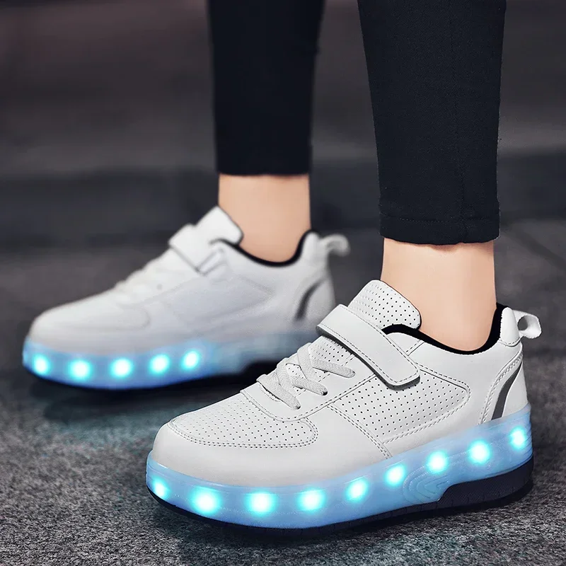 High Quality Skate Shoes for Kids Fashion LED Light Luminous Sneakers Children Two Wheels Shoes for Boys Girls with USB Charging