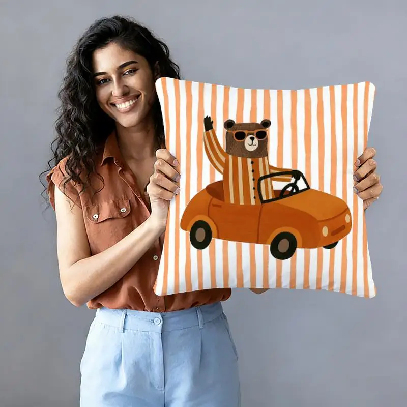 1pc Striped Cartoon Bear Driving Pillowcase, Cute Vintage Orange Sofa Cushion Cover, Bedroom Decorative Pillowcase, Made of Soft Polyester Short Plush Fabric, Machine Washable, Pillow Insert Not Included - 2 Sizes Available