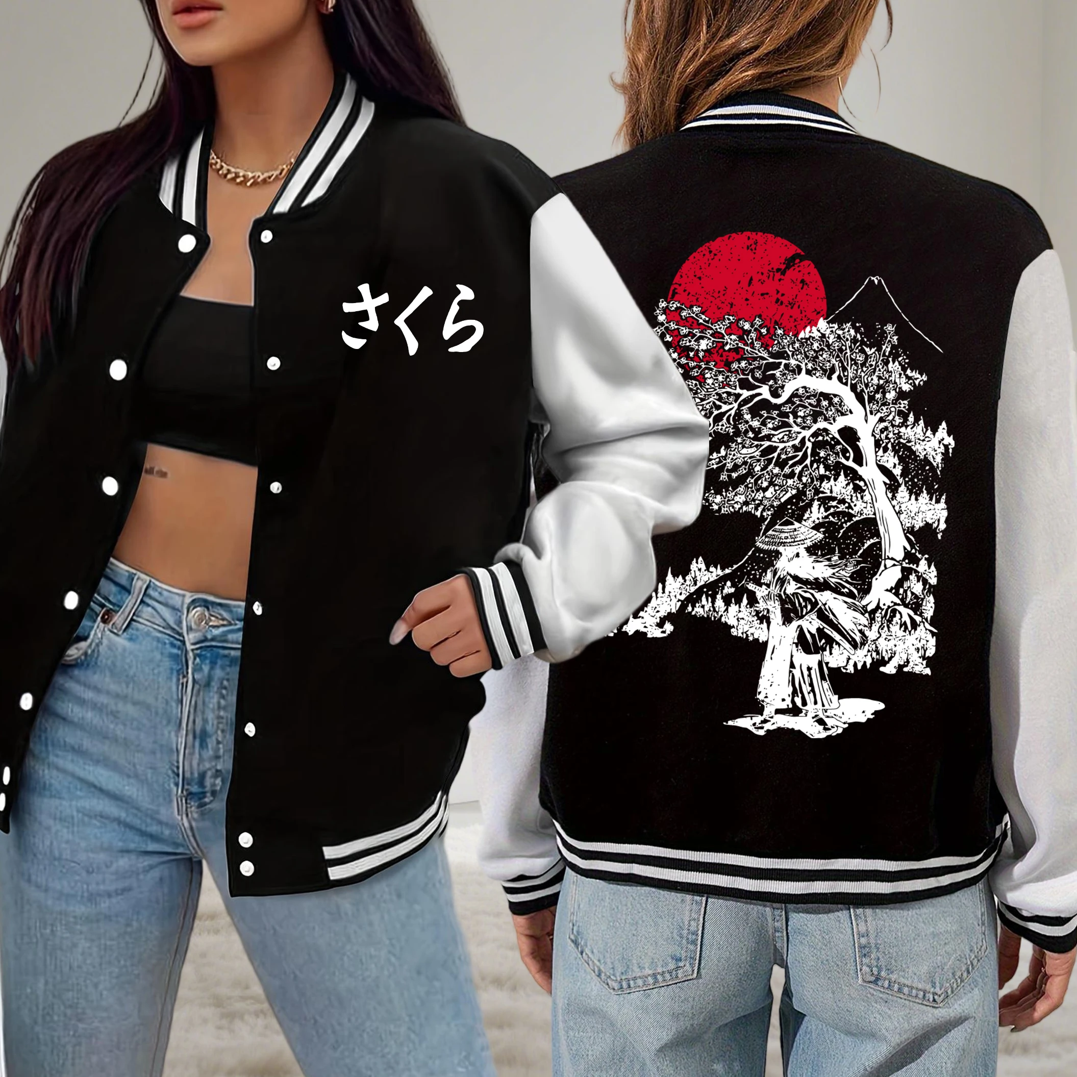 

Harajuku Sunset Cherry Blossom Swordsman куртка с принтом женская свободная спортивная бейсбольная форма осенняя повседневная уличная одежда карманная одежда