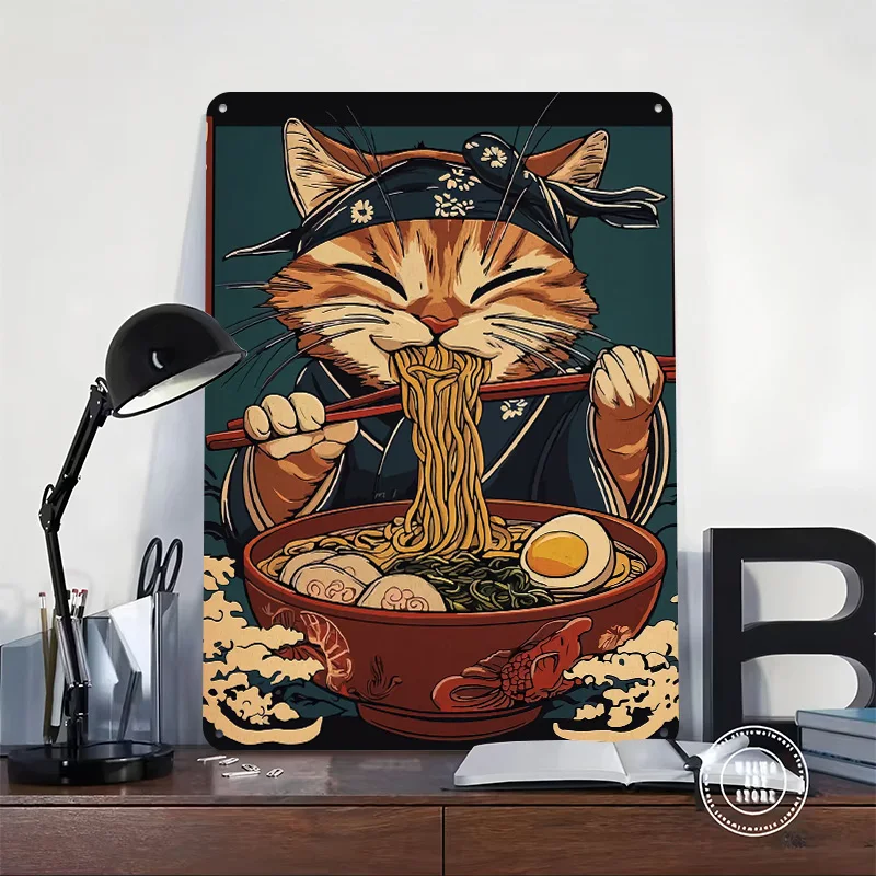 Cat Eating Ramen With Chopsticks Tinplate Posters Customizable Wall Art Retro Vintage Metal Signs for Home Room Desk Decor Items