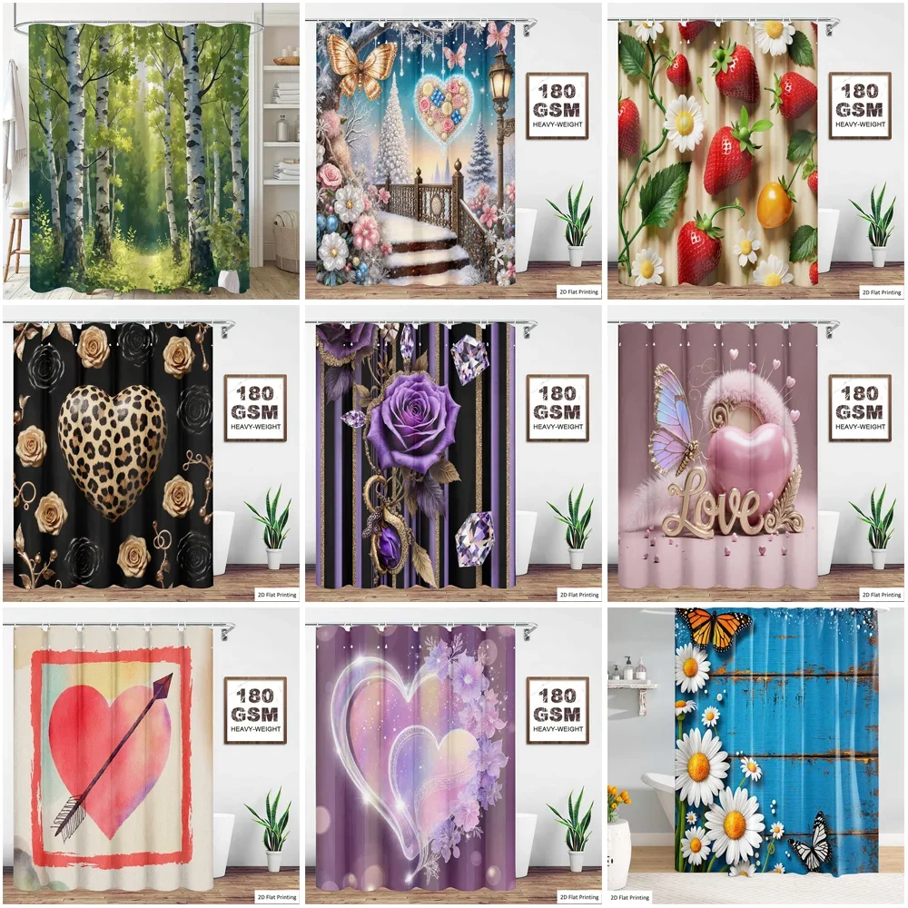 180GSM Heavyweight Waterproof Polyester Shower Curtain Birch Forest Winter Strawberry Leopard Rose Purple Floral Heart Butterf