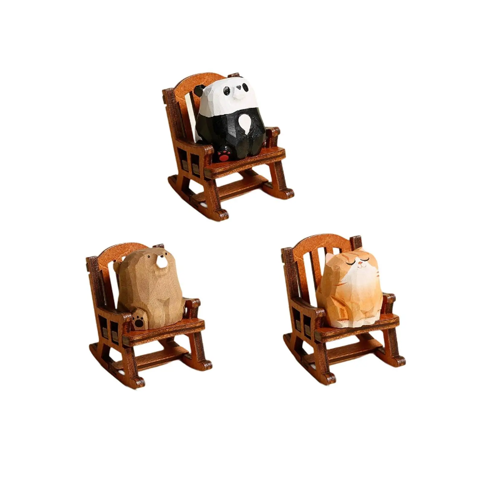 Rocking Chair Animal Figurine Cartoon Wood Cute Statue Sculpture for Shelf Living Room Bedroom Micro Landscape Housewarming Gift