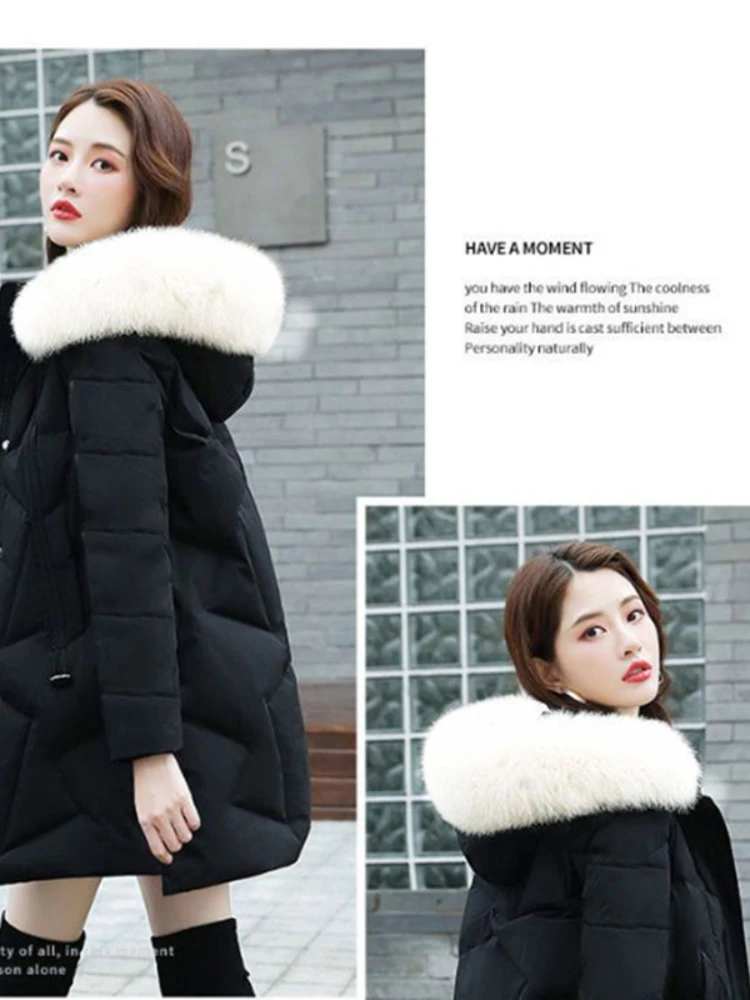 Parkas holgadas coreanas para mujer, chaqueta acolchada de algodón de longitud media con capucha para invierno, abrigo para mujer con cuello de piel sintética, chaqueta gruesa y cálida, novedad de 2025