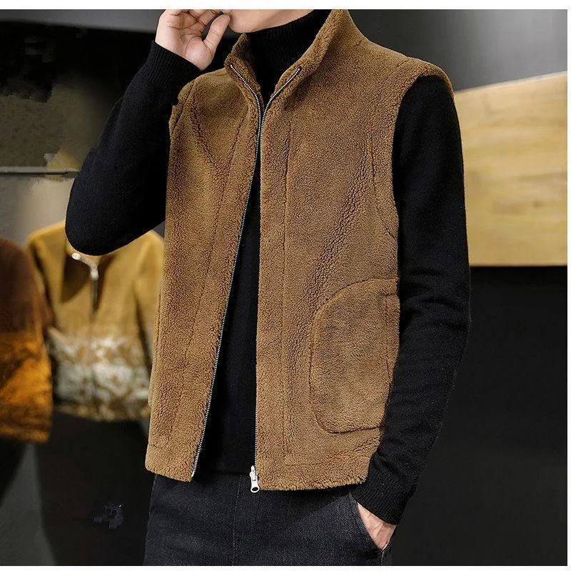 Double-sided Jacket Vest For Men Winter Lamb Wool Coat Sleeveless Waistcoat Warm Fashion Casual Gilet Male Jacket High Quality