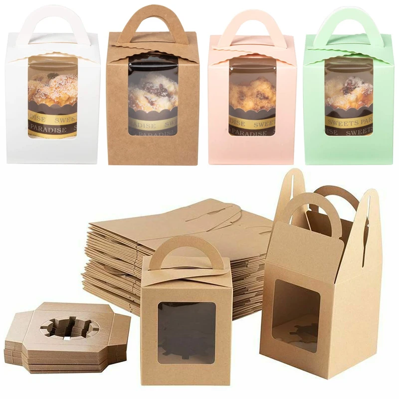 10Pcs/Set Kraft Paper cake Boxes Transparent Window Portable Cupcake Box Valentine's Day Cake Pastry Case