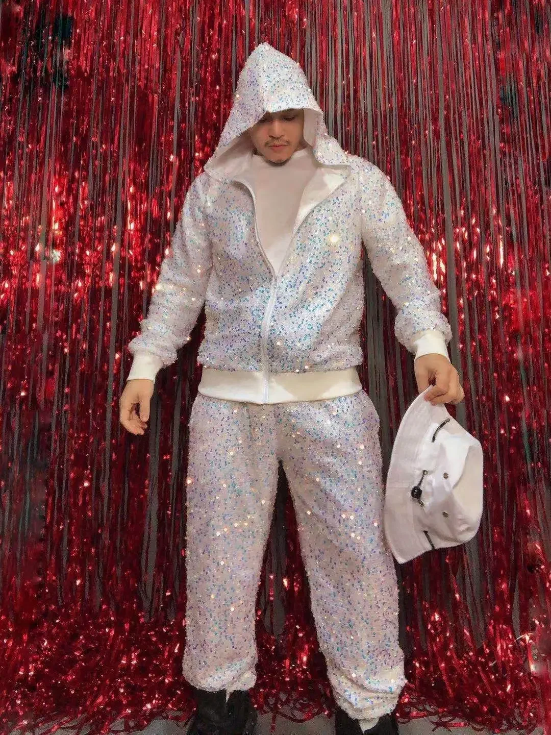 Blue Sequin Long Sleeves Hooded Jacket Pant Male Singer Dance Show Outfit Bar Prom Party Nightclub Clothes Set