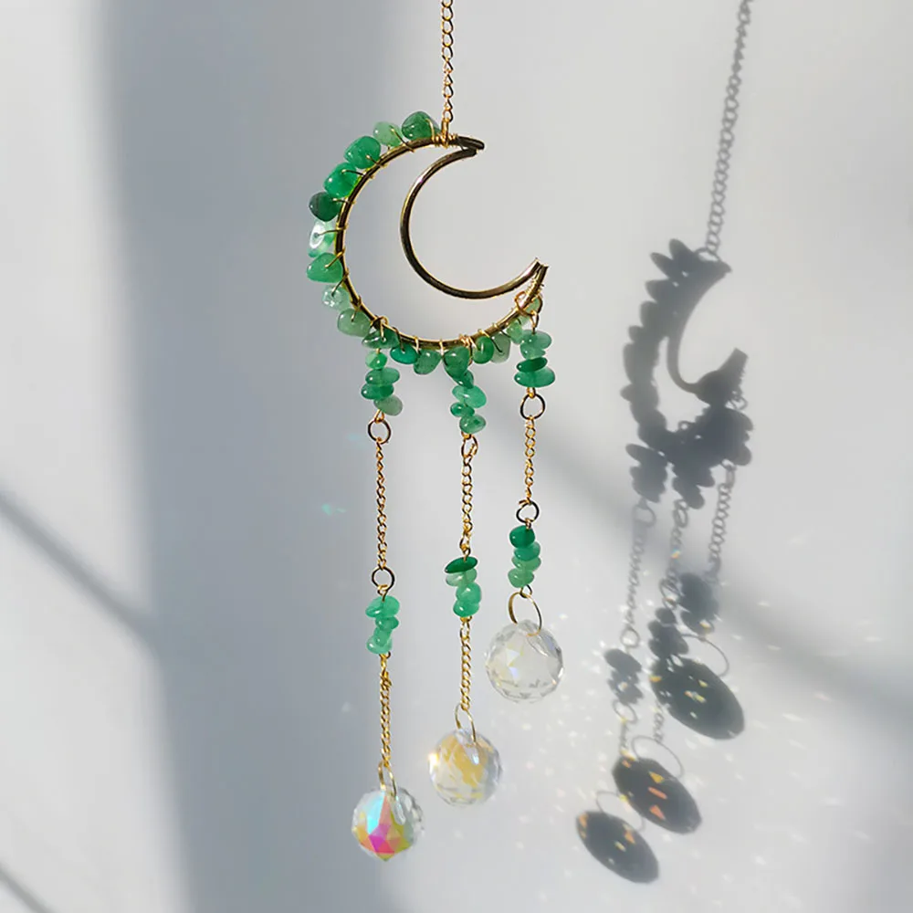 Custom Green Aventurine Chip Stone Moon Sun Catcher - Glass Ball Pendants Hanging Ornament for Window Decor