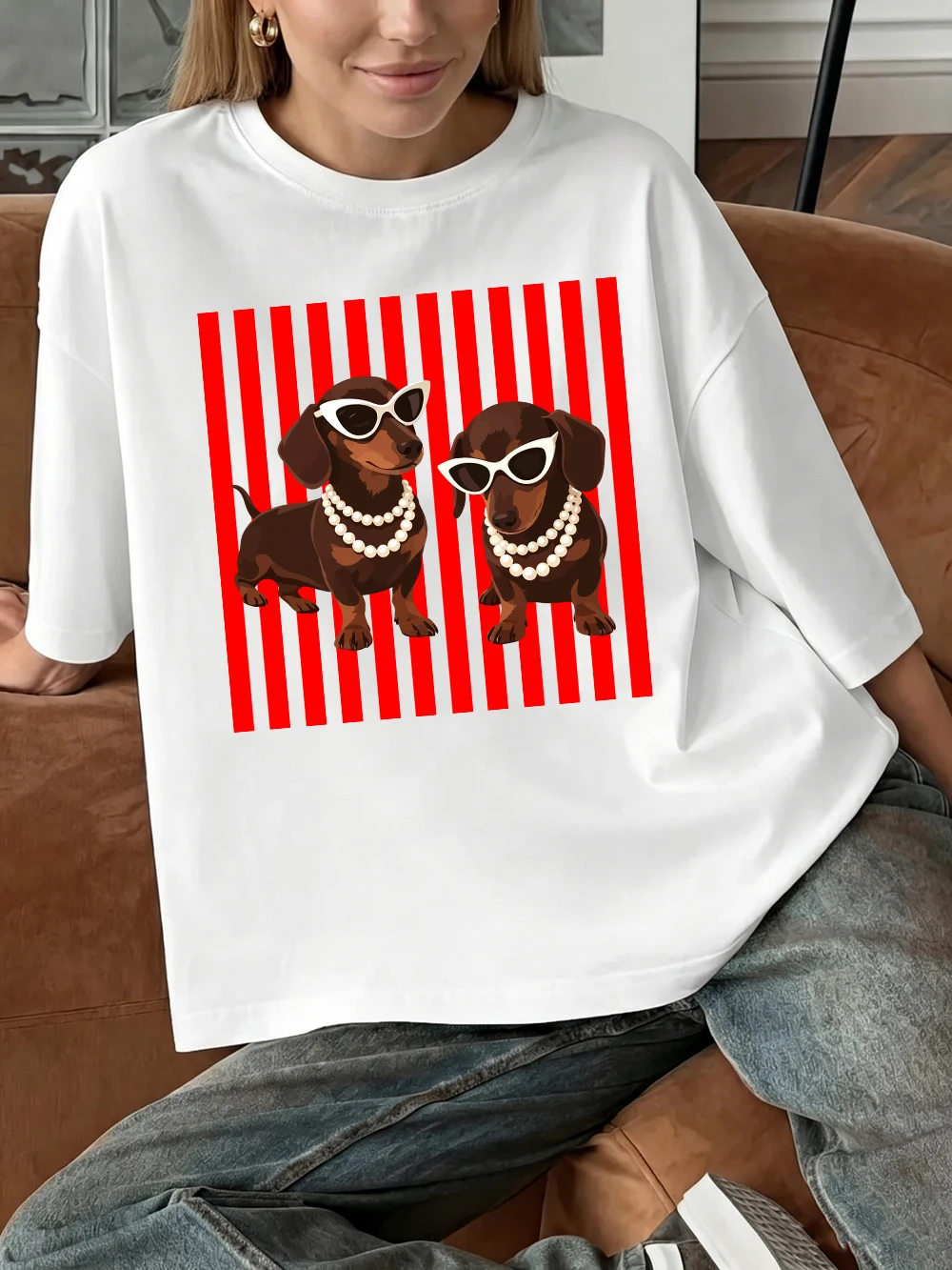 Pearl Dachshund Hundemotiv T-Shirts Baumwolle Damen Sommer Kurzarm T-Shirt Lässige Weiche Oversized Tops Basic O-Ausschnitt Kleidung – Detail 12