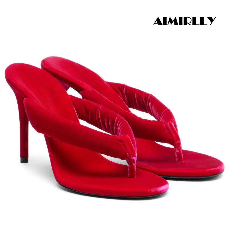 

Women High Heel Mule Sandals Stiletto Heels Open Toe Slip On Sexy Party Wedding Dress Shoes Red & Black Velvet