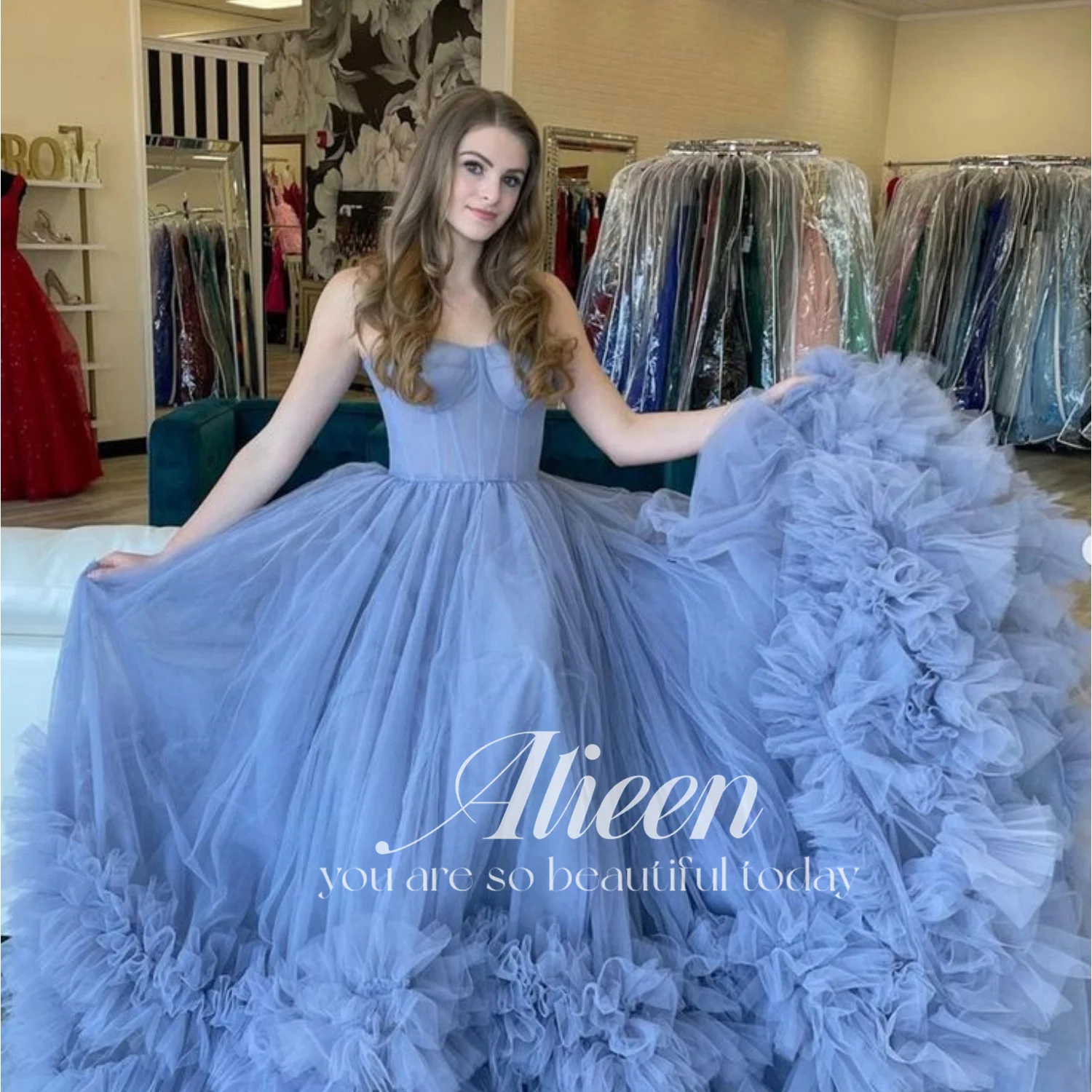 

Aileen Princess Robes De Soirée Long Sweep Train Prom Evening Dresses Simple Blue Ball Gown Vestidos De Fiesta Prom Gown 2025