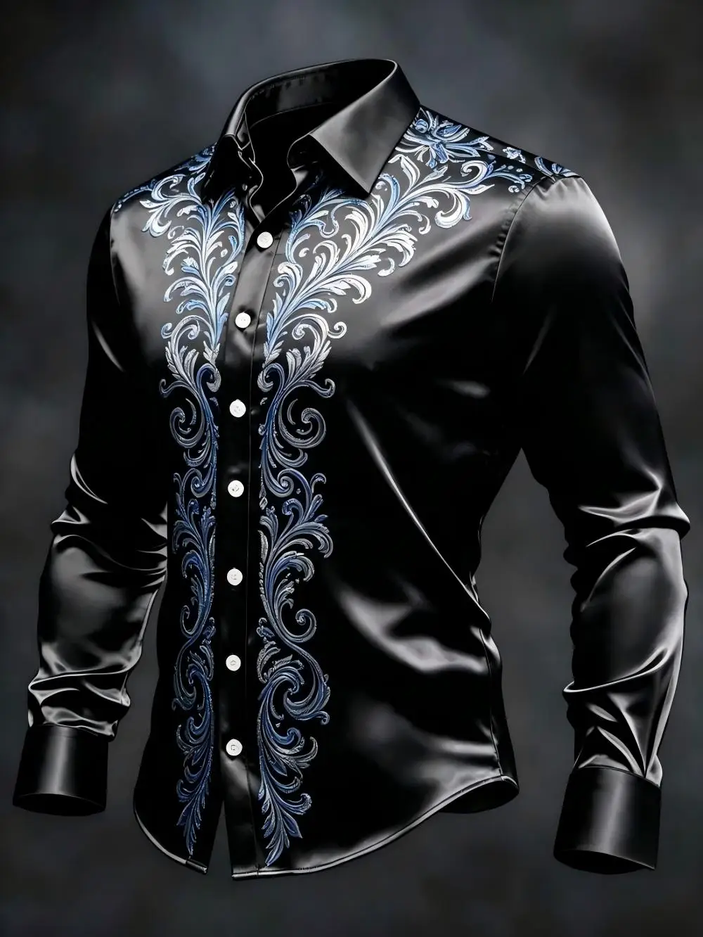 Men's Retro Scroll Pattern Button Printed Satin Shirt, All Season Top, Suitable for Casual, Party, and Work Clothes