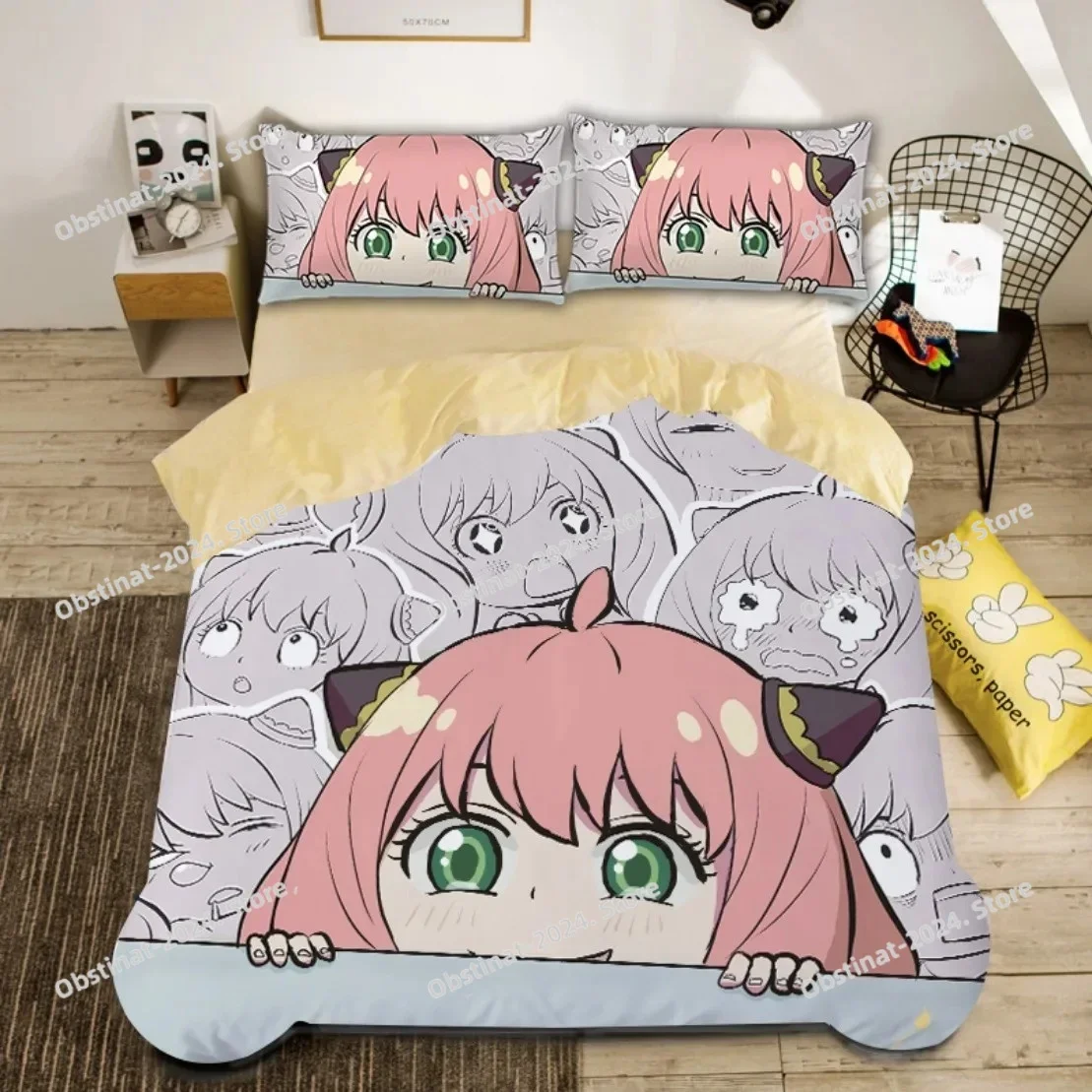 애니메이션 스파이 X 패밀리 침구 세트, 스파이 재미있는 아니야 프린트 베개 커버 포함 침대 이불 커버 부드러운 싱글 더블 퀸 슈퍼 킹 사이즈