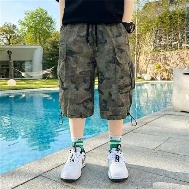 Boys Cargo Pants Summer Camo 7/8 Pants Kids Tactical Trousers Lightweight Breathable 2026