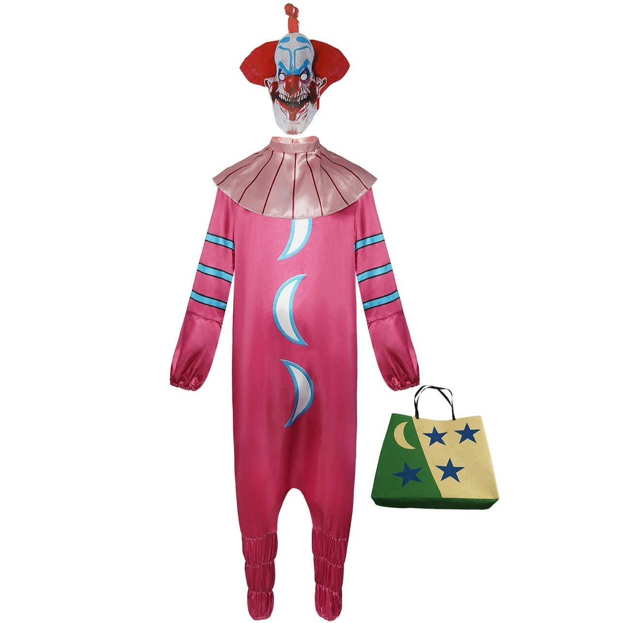 Scary Space Clown Jumpsuit Costume for Adults Horror Alien Cosplay Outfit with Mask Halloween Party Roleplay Full Suit