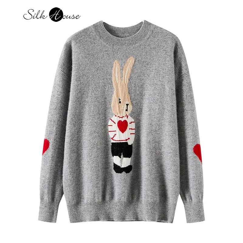 

Heavy Industry Jacquard Embroidery Cute Little Rabbit 30% Cashmere 70% Wool Round Neck Long Sleeve Women's Knitted Sweater