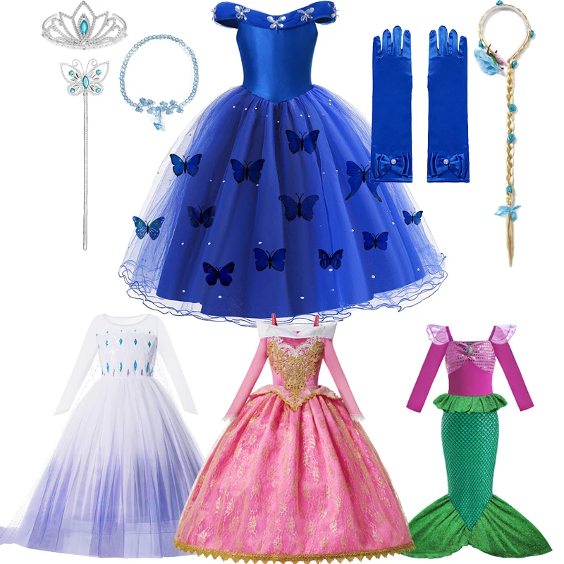 Disney Girls Cinderella Cosplay Costume Dress Up Clothes Frozen Elsa Aurora Ariel Party Princess Dresses Kids Birthday Ball Gown