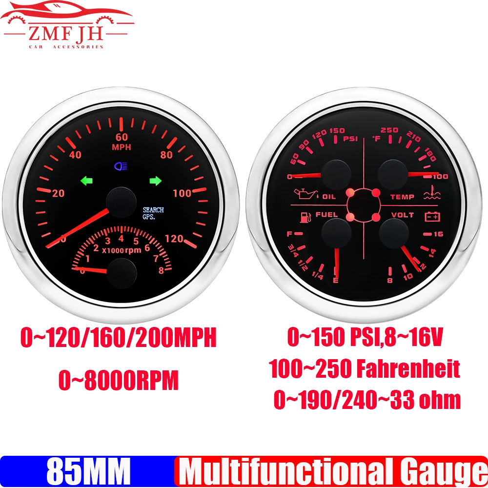 

GPS-Спидометр 0 ~ 120/160/8000 миль/ч + Tacho 240 об/мин, красная зерна-33 Ом, датчик уровня топлива/воды/напряжения/давления масла с сигналом
