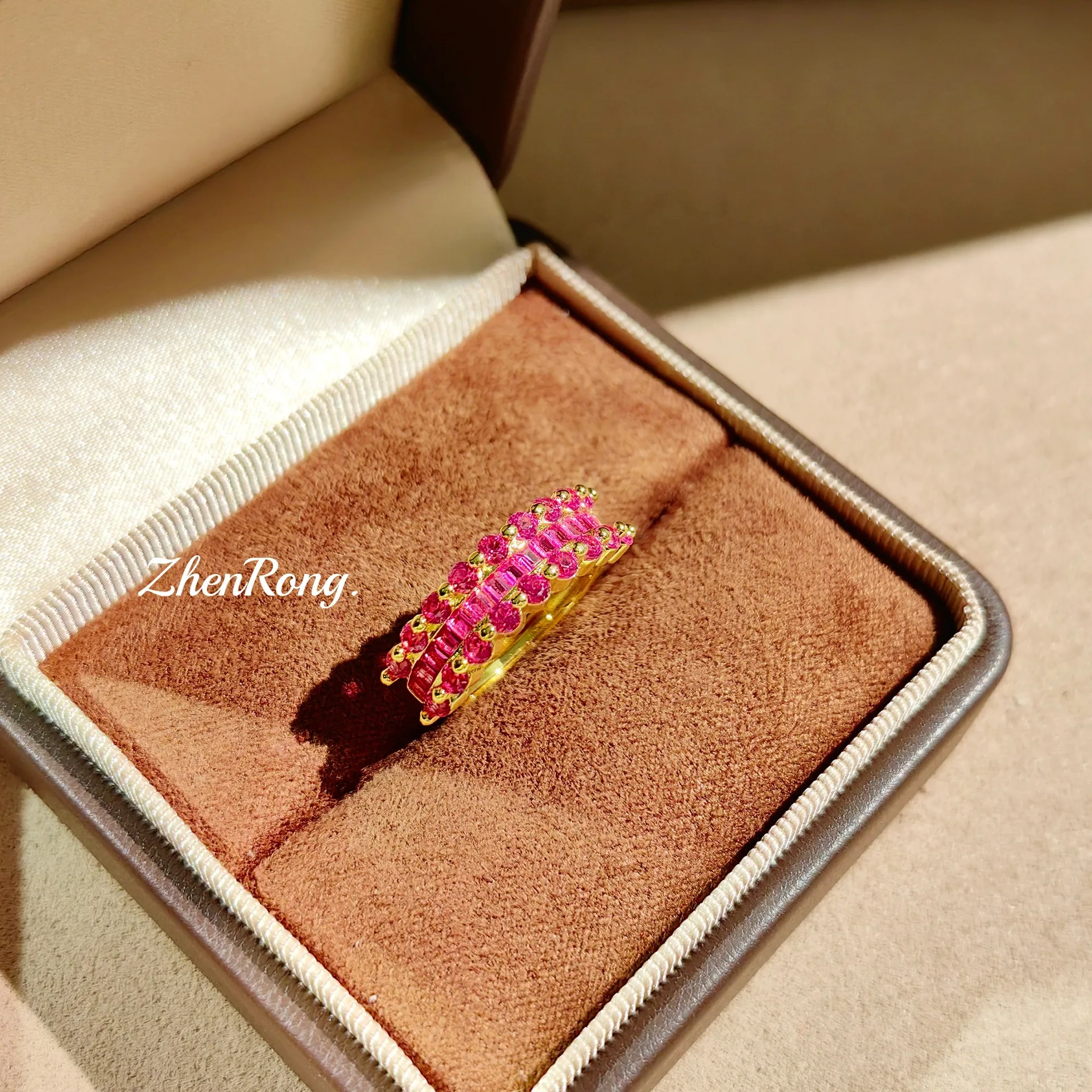 S925 Sterling Silver Ring Gold Red Corundum Full Diamond Set T Square Diamond Sugar Cube Lace