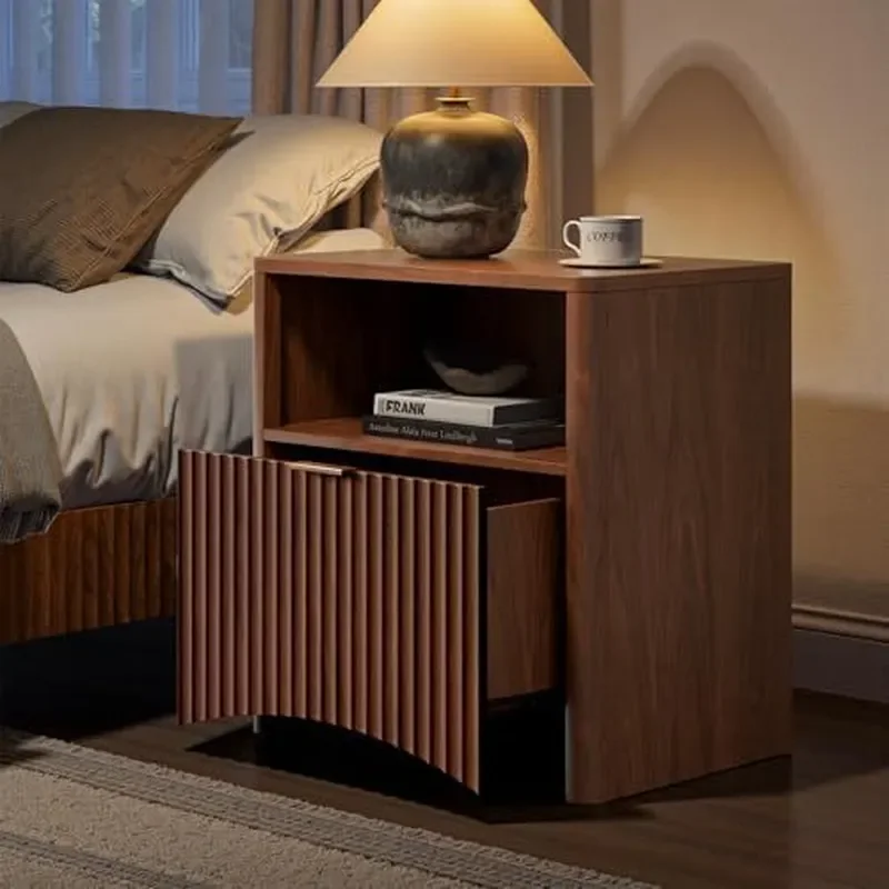Walnut Grooved Bedside Table with Drawers and Storage Medieval Style Nightstand for Bedroom Home Furniture Cross Border