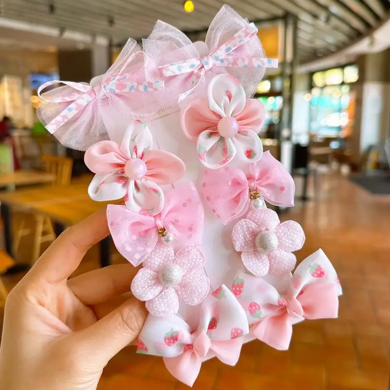 10Pcs/Set Children Cute Bows Hair Clips Girls Lace Flower Hairpins Mesh Bowknot Duckbill Clips Kids Hair Accessories