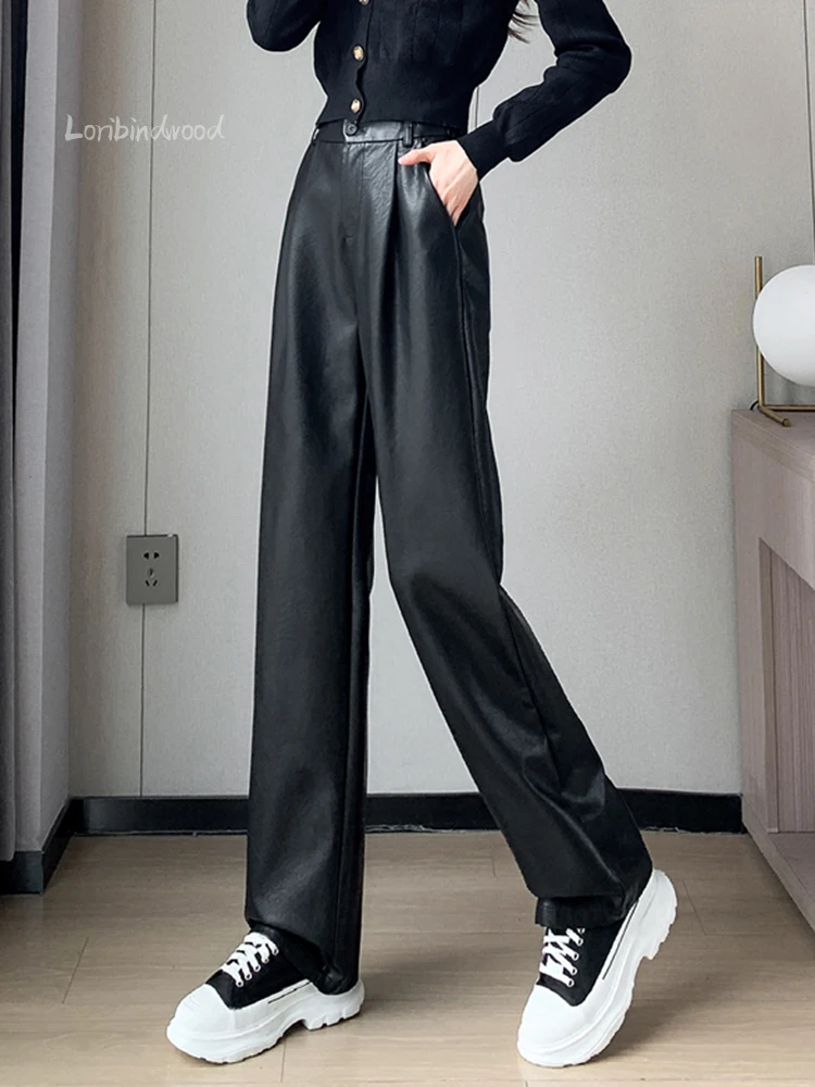 

Suli Brand New PU Leather Pants Loose Straight High Waist Wide Leg Women's Pants Casual Suit Pants Trousers Cargo Pants Women