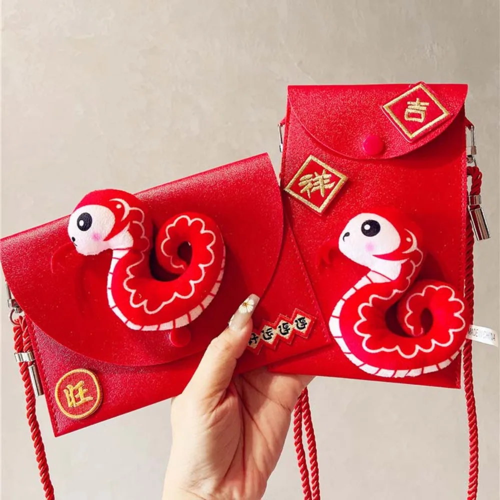 Cross Body PU Leather Red Envelope Tassel Chinese Snake Lucky Money Packet Money Bags Blessing Snake New Year Money Envelope