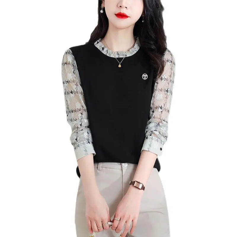 Weibliche Kleidung Casual Gedruckt Chiffon Patchwork Shirt Frühling Herbst Koreanische Rundhals Stilvolle Rüschen Lose Langarm Bluse