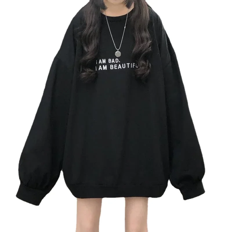 تيشيرتات نسائية حروف، هوديس رياضي، بلوفرات، قمصان بأكمام طويلة على الطراز الكوري للربيع والخريف، قمصان فضفاضة غير رسمية