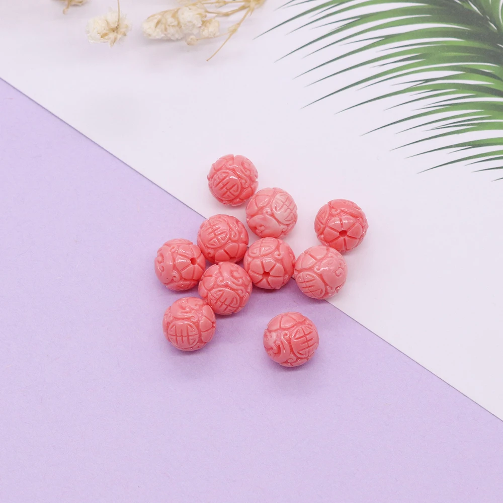 Wealth Pink Synthetic Coral Bead Carved Dragon Ball Coral Lucky Loose Beads for Jewelry Making DIY Earring Bracelet Necklace