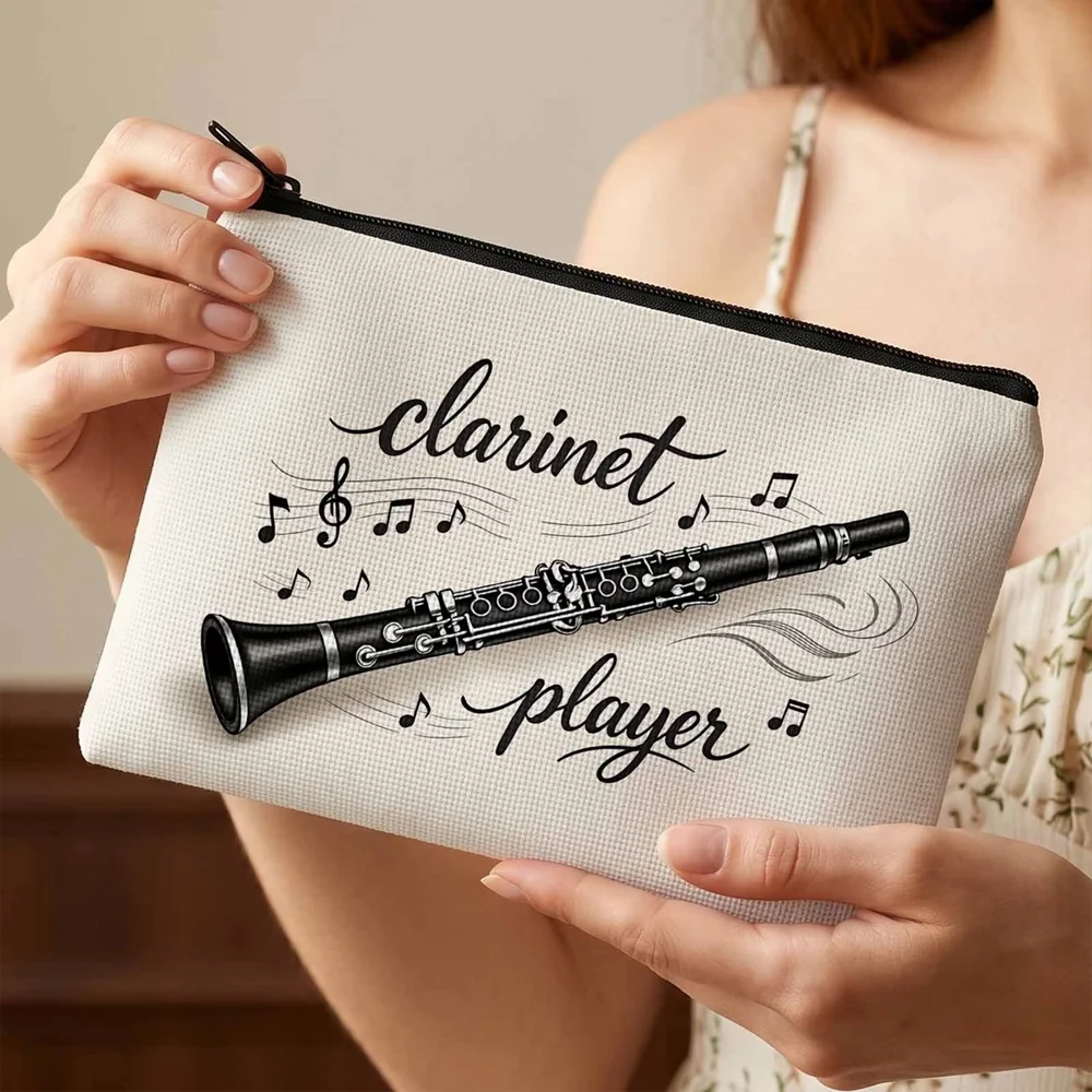 2D Print Makeup Bag for Busy Musicians, Stylish Clarinet‑themed Pouch, Show Your Passion During Practice & Travel