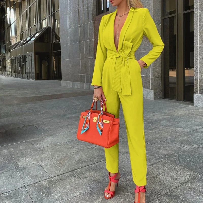 Women Open Front Blazer Top +Pant Fall 2 Piece Sexy Club Outfits Solid Tie Front Blazer & Pants Set Orange Pants Suit Streetwear