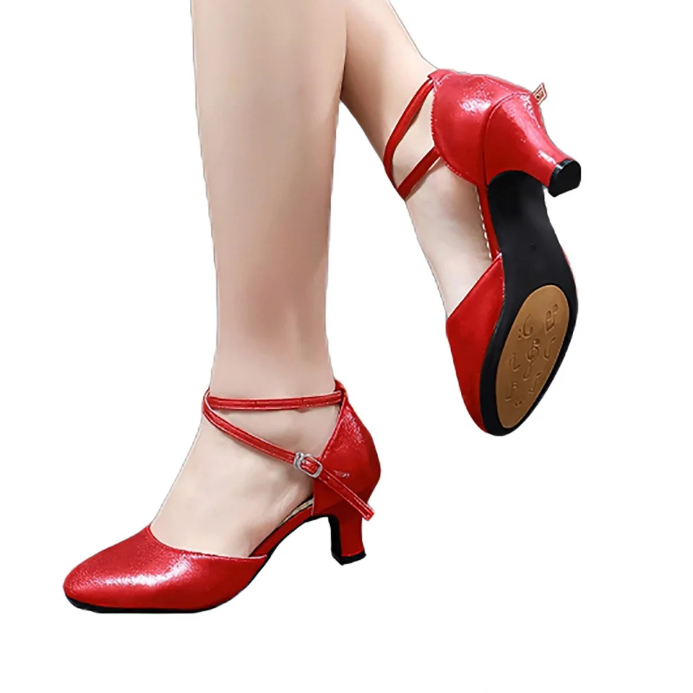 

CLYFAN Women's Shiny Leather Latin Dance Shoes Mid Heel Ankle Strap Ballroom Salsa Tango Party Dancing Shoes for Ladies