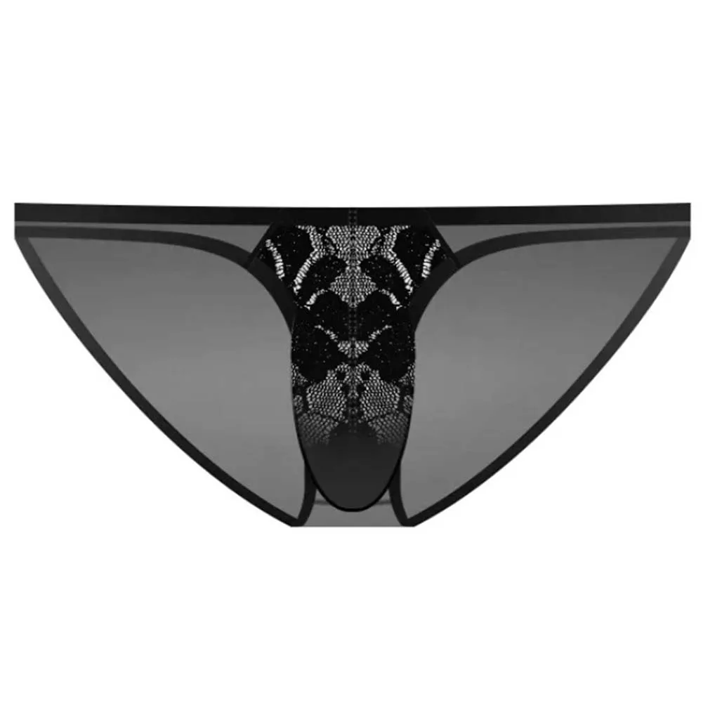 Lightweight Quick Drying Lingerie Men Underwear Bikini Lace Jacquard Middle Rise Mesh High Fork Sheer Briefs
