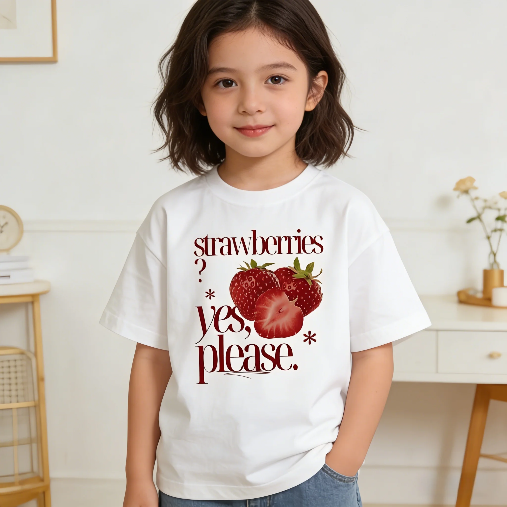 Strawberry Pattern Cotton Kids Short Sleeve T-Shirt Comfortable Fashion Durable for Sports Outdoor Daily Casual Wear