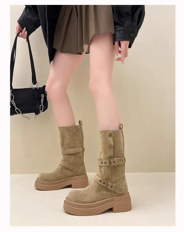 Modische Damen-Plateaustiefel im Western-Stil, 2-Wege-Trageoption, faltbarer Schaft, Wildleder, doppelte Schnalle, Herbst-Winter-Cowboystiefel – Detail 4