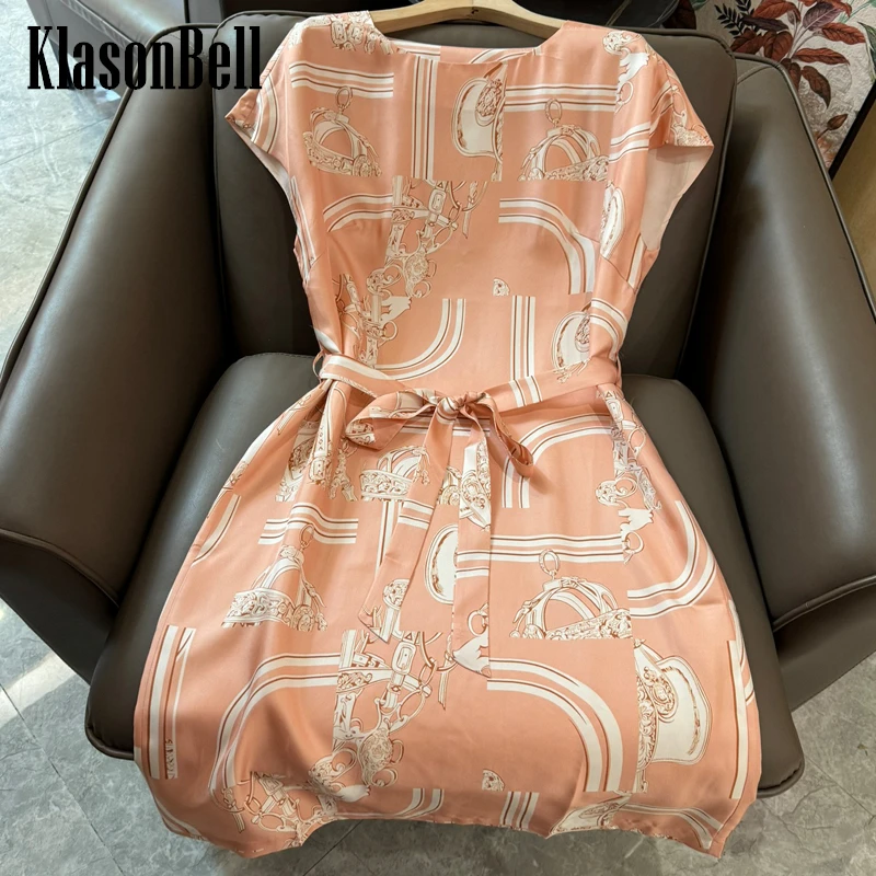 4.18 KlasonBell Temperament 100% Silk Geometric Print Dress Women 2024 New Arrival O-Neck Sleeveless Bowknot Sashes Midi Dress