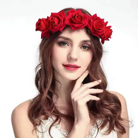 Rose Flower Headband Floral Crown Headpiece for Women Red Artificial Rose Hair Wreath Headband for Wedding Festival