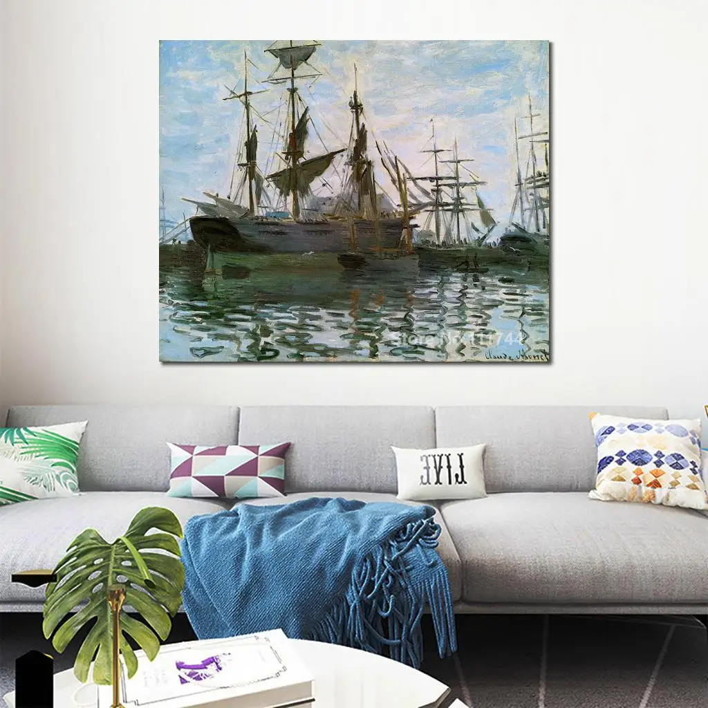 

Landscape Paintings Ships in Harbor by Claude Monet Canvas Art High Quality Hand Painted