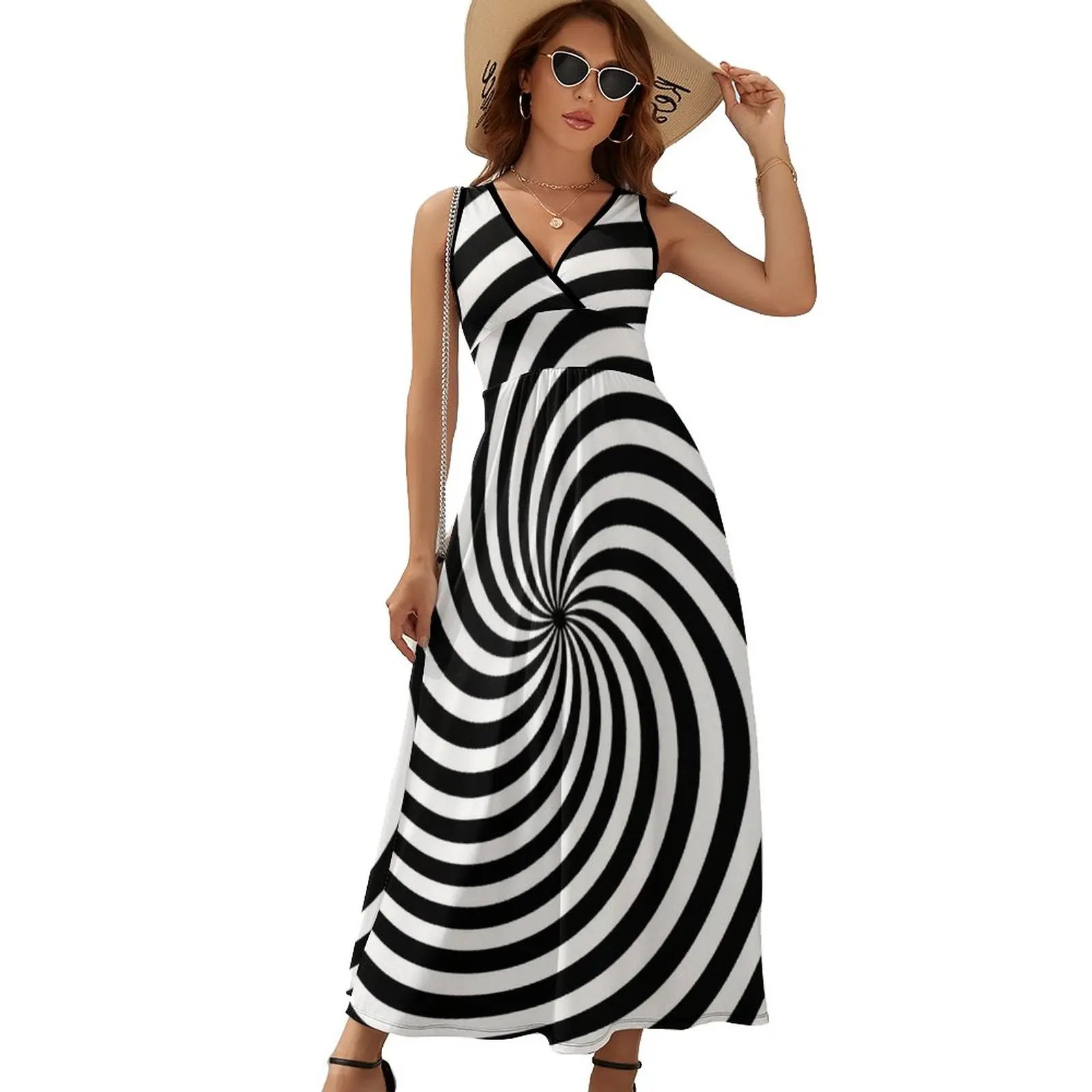 Black And White Line Dress Pop Art Spiral Kawaii Maxi Dress Street Fashion Boho Beach Long Dresses Printed Big Size Vestidos