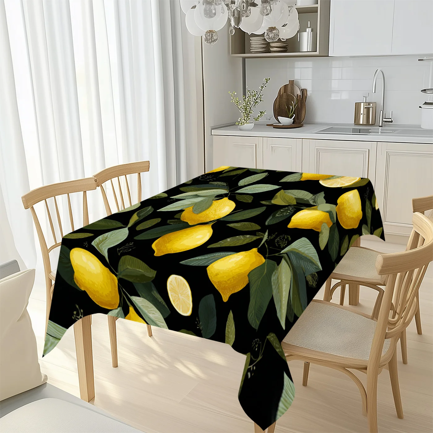 Black Lemon Tablecloth, Black Base With Bright Yellow Lemon And Green Leaf Print, Rectangular Table Cover for Dining Room Home