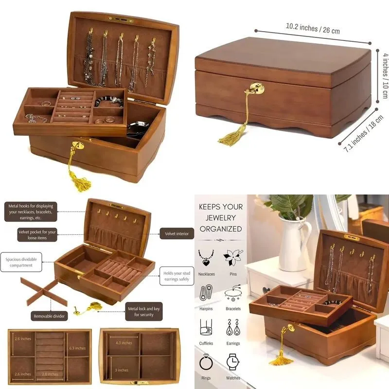 Ladies Wooden Jewelry Box Lockable Antique Style Walnut Solid Wood Storage Rack Organizer for Rings Necklaces Earrings