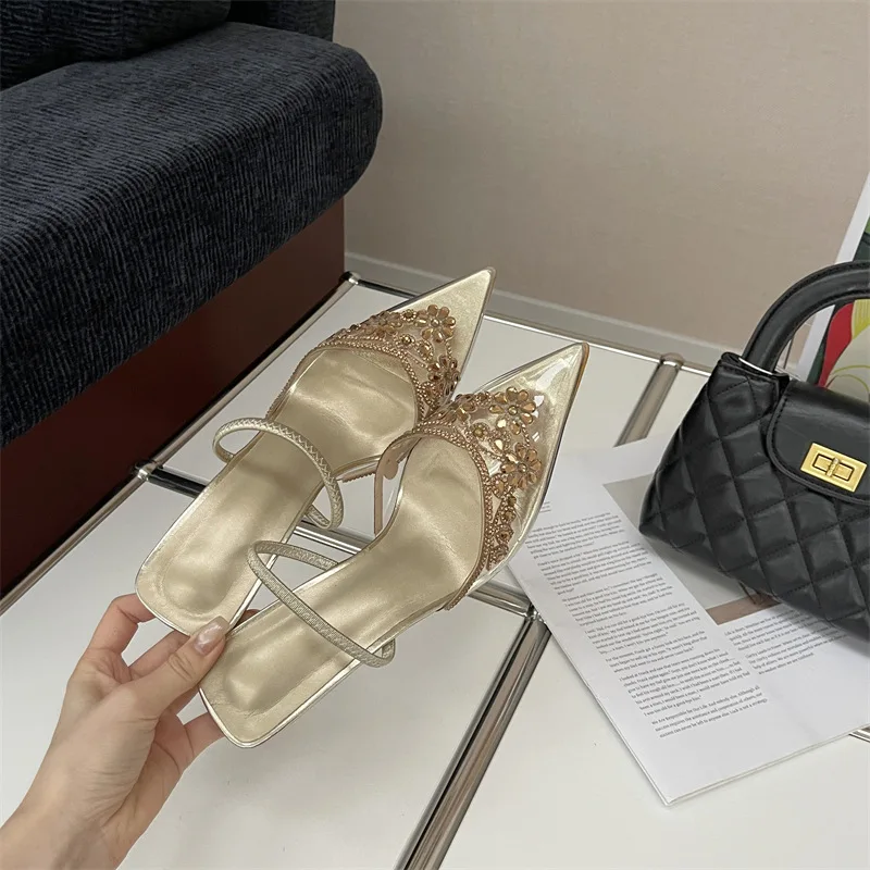 

2026 New Summer Ladies Shoes Designer Low Heels Pvc Transparent Sandals Fashion Rhinestone Flower Women Thin Heeled Pumps