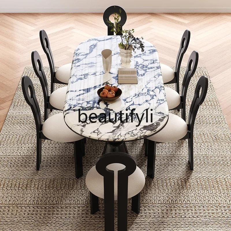 

French retro marble dining table household small apartment rectangular oval medium antique dining table
