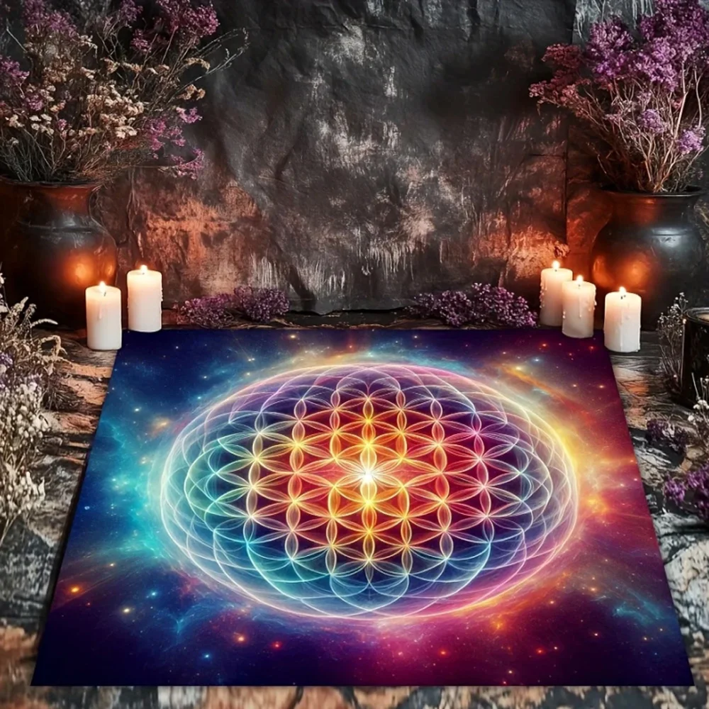 Colorful Mandala Flower of Life Tarot Tablecloth with Celestial Energy & Astral Altar Cloth For Tarot Mat Divination Decor