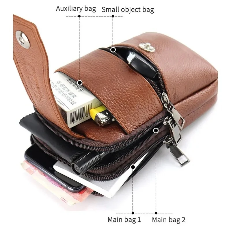 Men Leather Waist Bag Large Capacity Belt Bag Brown Shoulder Bags Crossbody Bags Multi Layer Buckle Mobile Phone Bag Bum Pouch