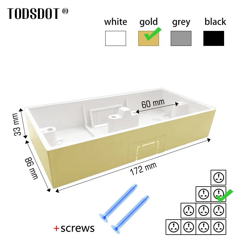 Caja de interruptor de montaje en superficie de pared dorada de 172 x 86 x 33 mm, caja de conexiones de superficie de doble marco color dorado champán para enchufe de termostato